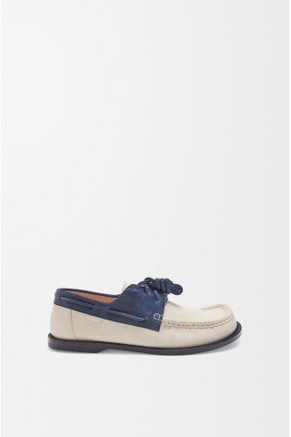 LOEWE Campo Boat Shoe In Soft Calfskin White Navy
