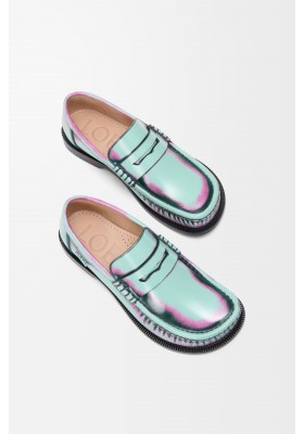 LOEWE Campo Loafer In Brushed Calfskin Mint Pink Forest Green