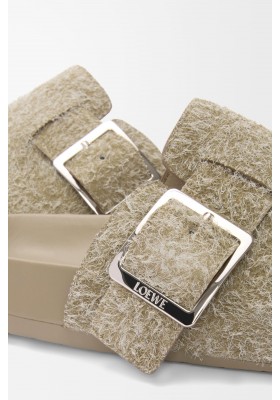 LOEWE Ease Buckle Mule In Brushed Suede Khaki Green