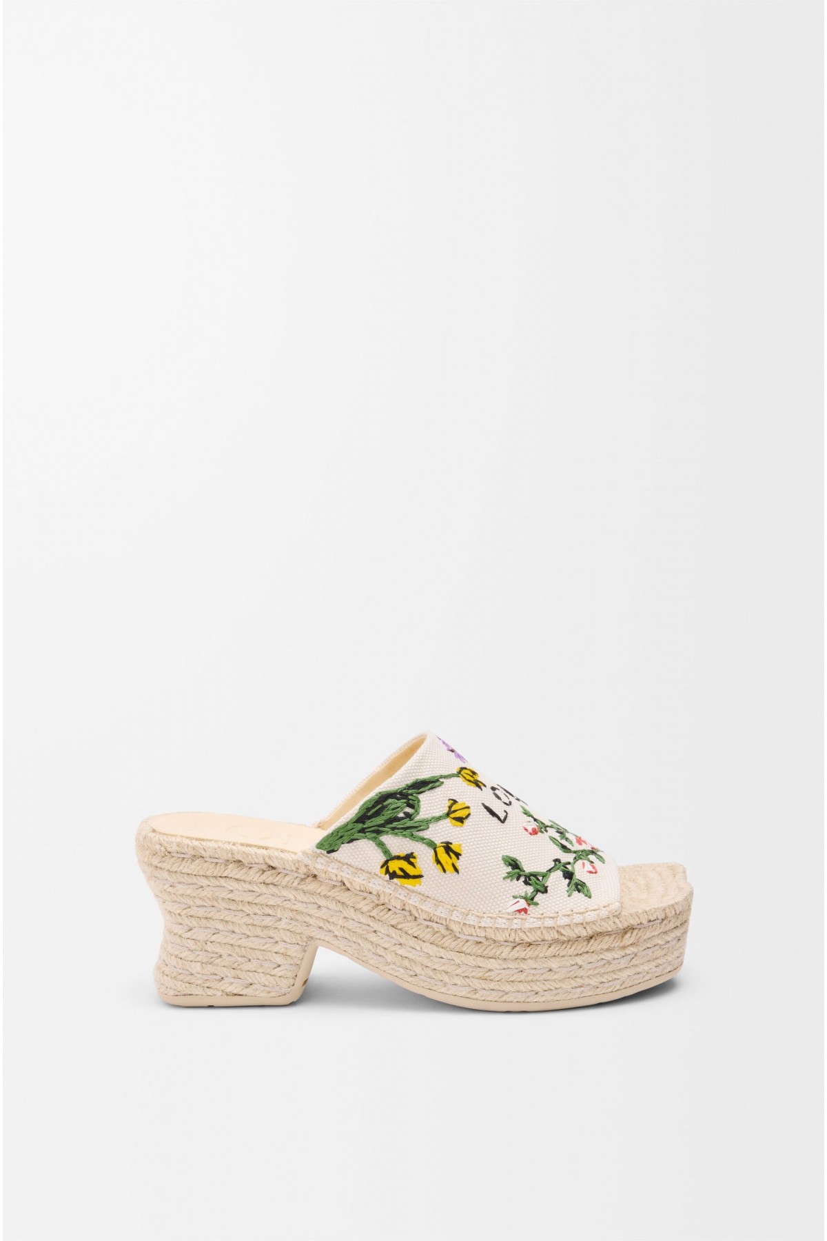 LOEWE Petal Espadrille Platform Slide In Embroidered Canvas Cream Multicolor