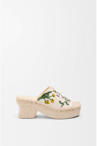 LOEWE Petal Espadrille Platform Slide In Embroidered Canvas Cream Multicolor