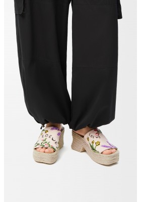 LOEWE Petal Espadrille Platform Slide In Embroidered Canvas Cream Multicolor
