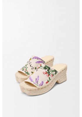 LOEWE Petal Espadrille Platform Slide In Embroidered Canvas Cream Multicolor