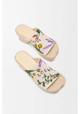 LOEWE Petal Espadrille Platform Slide In Embroidered Canvas Cream Multicolor