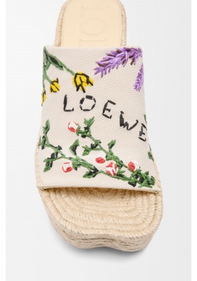 LOEWE Petal Espadrille Platform Slide In Embroidered Canvas Cream Multicolor