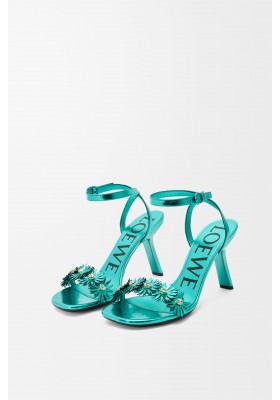 LOEWE Petal Flower Sandal In Calfskin And Crystals Turquoise