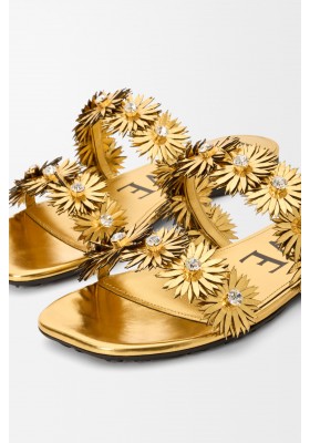 LOEWE Petal Flower Sandal In Calfskin And Crystals Gold