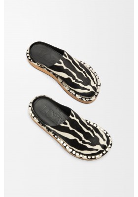 LOEWE Rivet Mule In Hairy Calfskin Black White